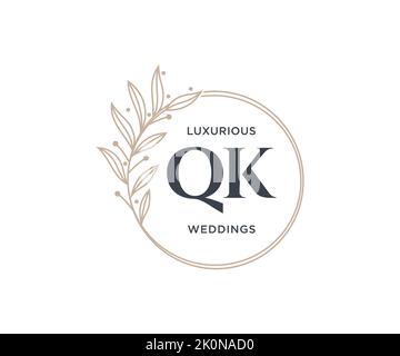 QK Initials letter Wedding monogram logos template, hand drawn modern minimalistic and floral templates for Invitation cards, Save the Date, elegant Stock Vector