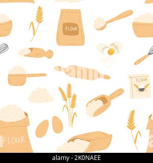 Seamless pattern with baking ingredients in flat style on white background. Bag with flour, eggs, kitchen whisk, rolling pin, wheat ear spikelet Stock Vector