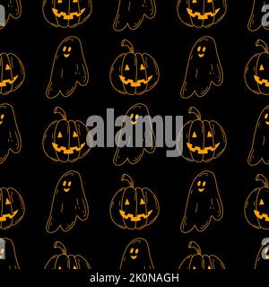 Halloween seamless pattern with doodle ghost and pumpkin in neon colors on black background. Vector illustration for web and textile design, wrapping Stock Vector