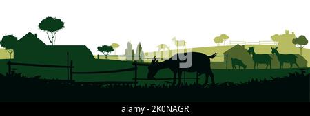 Goats grazing on pasture. Picture silhouette. Farm pets. Rural landscape with farmer house. Animals for milk and dairy products. Isolated on white Stock Vector
