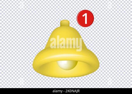Notification ringing bell. Yellow bell icon in plastic cartoon style with notification counter. Concept of new message notification in social media, i Stock Vector