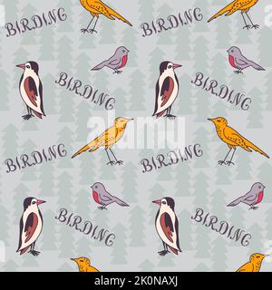 Birding seamless pattern. Birds and word Birding on forest background. Stock Vector