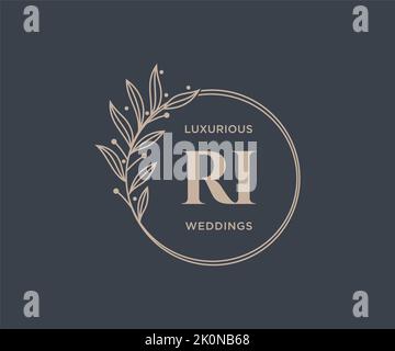 RI Initials letter Wedding monogram logos template, hand drawn modern minimalistic and floral templates for Invitation cards, Save the Date, elegant Stock Vector