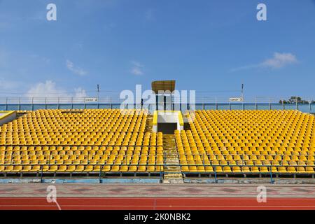 Uzhhorod, Ukraine - August 29, 2022: Empty tribunes of Avanhard Stadium football venue in Uzhhorod during VBET Ukrainian Premier League game Metalist Kharkiv vs Inhulets. Capacity 12000 spectators Stock Photo