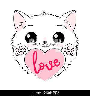 Cute cartoon white kitten with a heart. Lettering Love. Valentine card in kawaii style. For the design of prints, posters, stickers, cards and so on. Stock Vector
