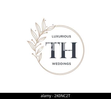 TH Initials letter Wedding monogram logos template, hand drawn modern minimalistic and floral templates for Invitation cards, Save the Date, elegant Stock Vector
