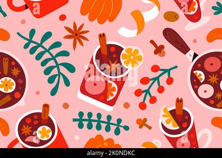 Mulled wine pattern, hot red wine festive drinks with cinnamon spice and ornage fruit, glintwine in various glasses, seamless ornament with Stock Vector