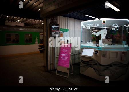 A Robox robotic automatic arm coffee making maching is seen at the Downtown train station in Warsaw, Poland on 13 September, 2022., 2022. Stock Photo