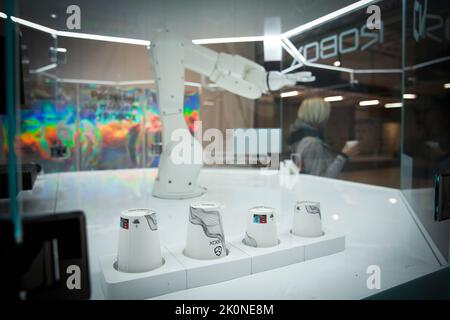 A Robox robotic automatic arm coffee making maching is seen at the Downtown train station in Warsaw, Poland on 13 September, 2022., 2022. Stock Photo