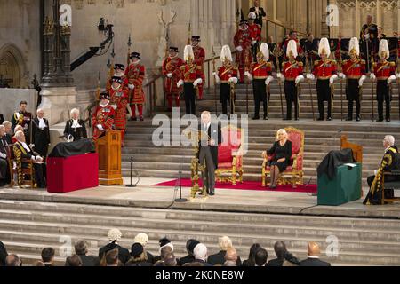 London, UK, September 12th 2022, Britain's King Charles III and Britain's Camilla, Queen Consort attend the presentation of Addresses by both Houses of Parliament in Westminster Hall, inside the Palace of Westminster, central London on Monday on September 12, 2022, following the death of Queen Elizabeth II on September 8. Photo by UK House Of Lords/ Roger Harris/ Credit: UPI/Alamy Live News Stock Photo