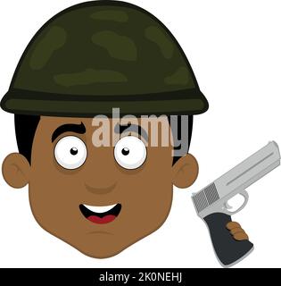 Vector illustration of the face of a cartoon war soldier with a camouflaged helmet and a gun in his hand Stock Vector