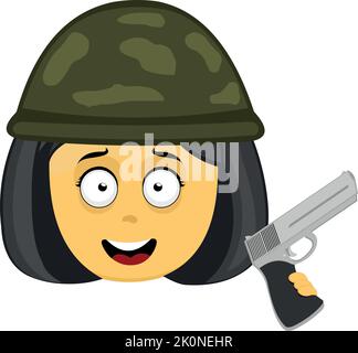 Vector illustration of emoji of the face of a yellow cartoon woman with a camouflaged war helmet of a war soldier and a gun in her hand Stock Vector