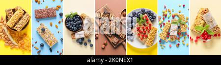 Collage of healthy cereal bars on color background, top view Stock Photo