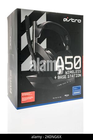 Winneconne, WI - 12 September 22: A package of an Astro A50 wireless gaming headset headphones on an isolated background. Stock Photo