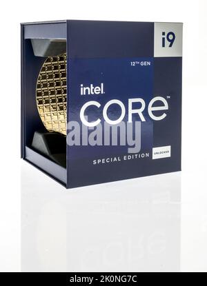 Winneconne, WI - 22 June 22: A package of Intel core 12th gen special edition unlocked I9-12900Ks cpu processor on an isolated background. Stock Photo