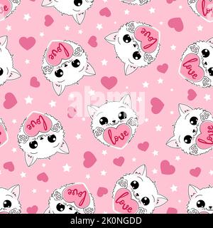 Seamless pattern with kawaii cat and hearts and the inscription love on a pink background. For baby fabric design, wallpapers, backgrounds, wrapping p Stock Vector