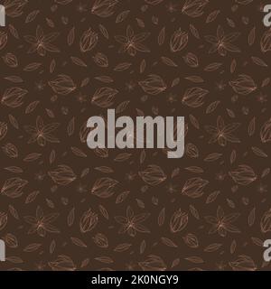 Brown Seamless pattern with Outlined hand drawind geometrical blossoming flower. Ylang-Ilang textile vector print Stock Vector