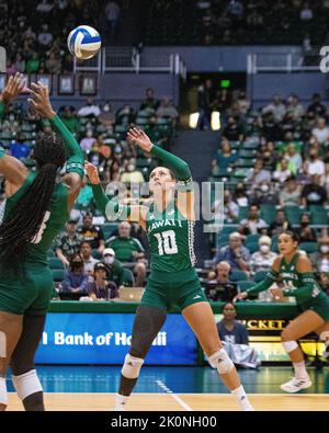 Honolulu, Hawaii. September 10, 2022 - Hawaii setter Kate Lang (10) sets the ball during the match of the Hawaii vs. University of Southern California volleyball game at the Simplifi Arena at Stan Sheriff Center in Honolulu, Hawaii. Glenn Yoza/CSM Stock Photo