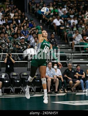 Honolulu, Hawaii. September 10, 2022 - Hawaii setter Kate Lang serves the ball during the match of the Hawaii vs. University of Southern California volleyball game at the Simplifi Arena at Stan Sheriff Center in Honolulu, Hawaii. Glenn Yoza/CSM Stock Photo