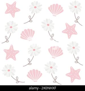 cute lovely seamless vector pattern background illustration with daisy flowers, seashells and starfish Stock Vector