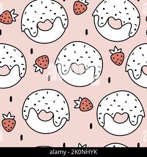 Cute lovely cartoon delicious black and white donuts with red strawberries seamless vector pattern illustration on pink background Stock Vector
