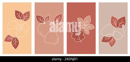 Set of backgrounds in simple linear style for social media platform, stories, banner with autumn fall elements: leaves, pumpkin, acorn, chestnut Stock Vector