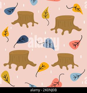 Cute lovely cartoon seamless vector pattern background illustration with tree stump and leaves Stock Vector
