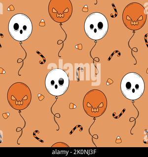 Cute cartoon character halloween balloons seamless vector pattern background illustration with candies Stock Vector