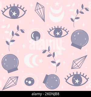 Cute seamless vector pattern background illustration with esoteric mystical boho elements: eyes, crystal ball, moon and stars Stock Vector