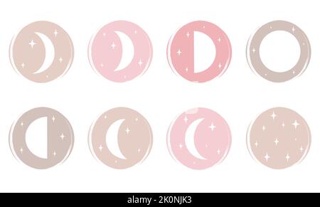 cute vector set of abstract logo design templates, icons and badges for social media highlight in hand drawn boho style with moon phases Stock Vector