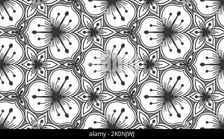 Abstract flower black seamless pattern. Monochrome stylized petals and leaves repeating decorative background. Vintage floral baroque texture. Ornament for fabric wallpaper, wrapping packaging print Stock Vector