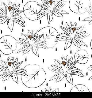 cute minimal black and white trendy seamless vector pattern background illustration with beauty lotus leaves and flowers Stock Vector