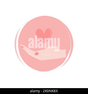 Cute logo or icon vector with hand holding heart shape , illustration on circle with brush texture, for social media story and highlights Stock Vector