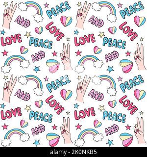 Cute seamless colorful vector pattern background illustration with peace and love lettering textand symbols: hearts, rainbows, female hands and stars Stock Vector