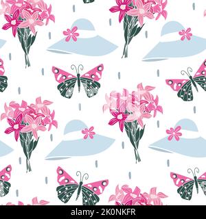 Cute lovely beautiful abstract seamless vector pattern background illustration with colorful butterflies, girly hats and flowers bouquets Stock Vector