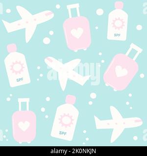 Cute colorful trendy summertime seamless vector pattern background illustration with suitcase, sunscreen and airplane Stock Vector