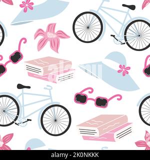 Cute lovely beautiful abstract seamless vector pattern background illustration with colorful bicycles, girly hats, sunglasses, books and flowers Stock Vector