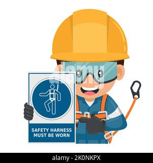 Industrial worker with safety harness mandatory use warning sign. Safety harness must be worn. Industrial safety and occupational health at work Stock Vector