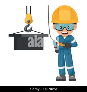Industrial construction worker using an overhead crane to move a piece of metal. Worker with his personal protective equipment. Industrial safety and Stock Vector
