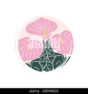 Cute logo or icon vector with pink calla flowers, illustration on circle with brush texture, for social media story and highlight Stock Vector