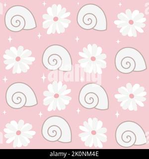 cute lovely seamless vector pattern background illustration with daisy flowers, seashells and stars Stock Vector