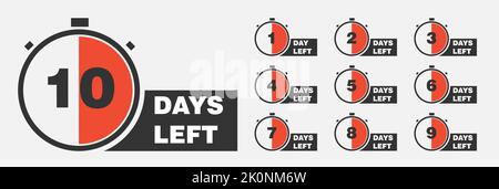 Countdown of days 1,2,3,4,5,6,7,8,9,10. The days left badges. A countdown is going on, one day I left a badge and a label to calculate the date of wor Stock Vector