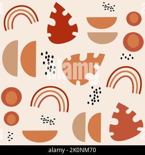 Cute modern terracotta abstract seamless vector pattern background illustration with geometric shapes, rainbows and leaves Stock Vector