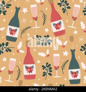 cute cartoon hand drawn seamless vector holidays pattern background illustration in flat style design with champagne bottles, mistletoe, holly, stars Stock Vector