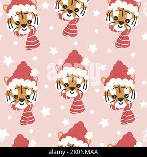 cute cartoon hand drawn character baby tiger with santa claus hat and stars christmas seamless vector pattern illustration for kids on pink background Stock Vector