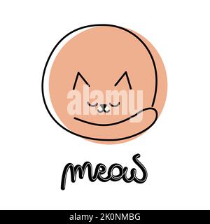 Cute hand drawn lettering meow text with abstract minimal cat vector illustration Stock Vector