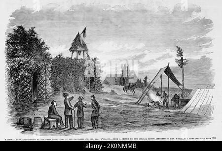 National huts, constructed by the Swiss Volunteers in the Garibaldi Guards (39th New York Infantry Regiment), Colonel Frederick George D'Utassy. September 1861. 19th century American Civil War illustration from Frank Leslie's Illustrated Newspaper Stock Photo