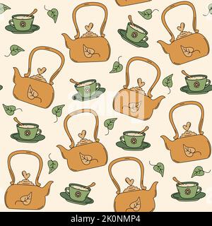 Cute hand drawn seamless vector pattern background illustration with teapot, leaves and cup of tea Stock Vector