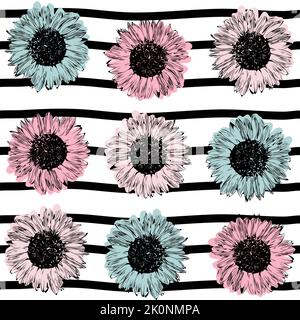 cute romantic seamless vector pattern illustration with colorful sunflowers on striped background Stock Vector