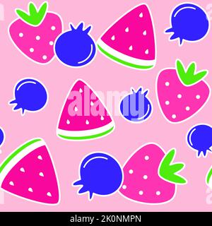 Cute colorful summer seamless vector pattern background illustration with strawberries, blueberries and watermelon slice Stock Vector